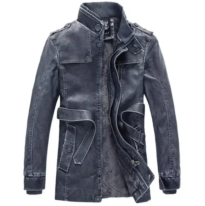 Men's Thick Fleece Winter Leather Jacket Coat Long Outwear Fashion Warm Casual Vintage Clothing for Men Steampunk Biker Jaqueta