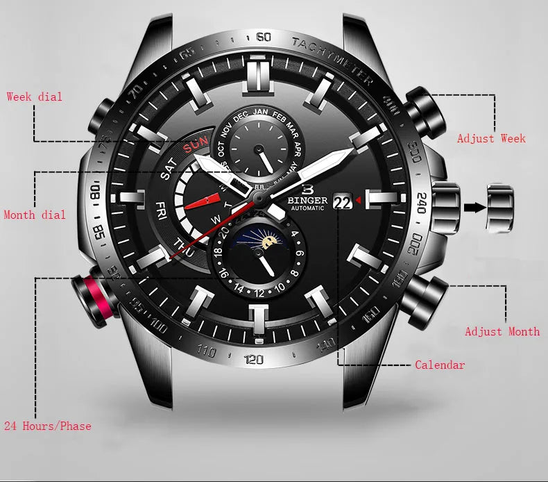 Genuine Luxury Switzerland BINGER Brand Mens Watches Automatic Mechanical Luminous Waterproof Running Calendar Male Moon Phase