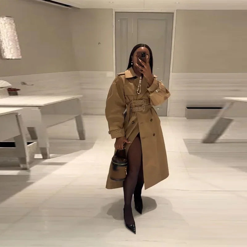 Elegant Double Belt Women Windbreaker Casual Khaki Long Sleeve Lapel Button Female Jacket 2025 Autumn Winter Lady Streetwear New