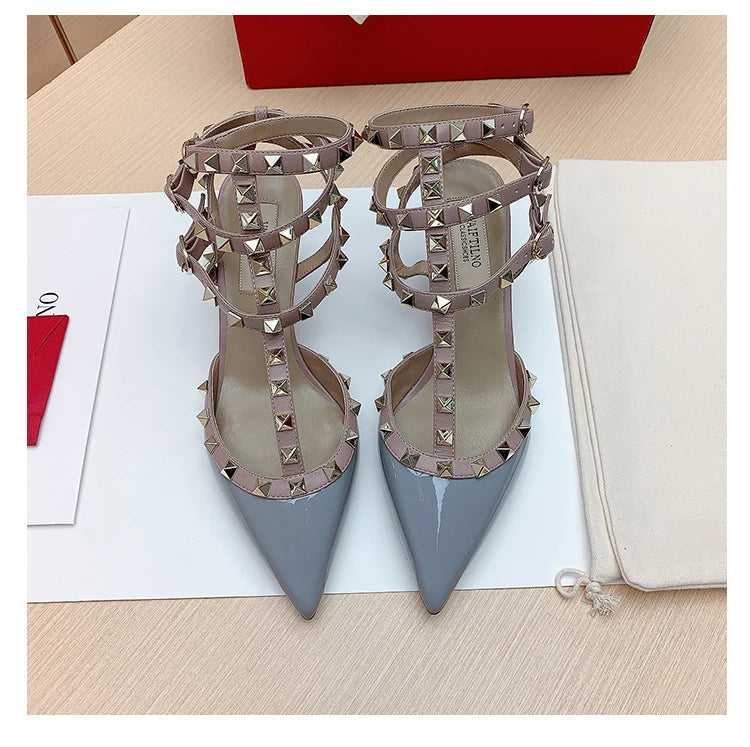 Three straps Rivet Heeled sandals luxury Women's Gladiator sandals summer Brand Slingbacks High Heels designer party Ladies Shoe