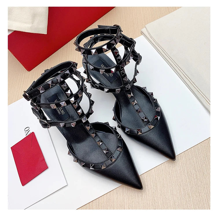 Three straps Rivet Heeled sandals luxury Women's Gladiator sandals summer Brand Slingbacks High Heels designer party Ladies Shoe