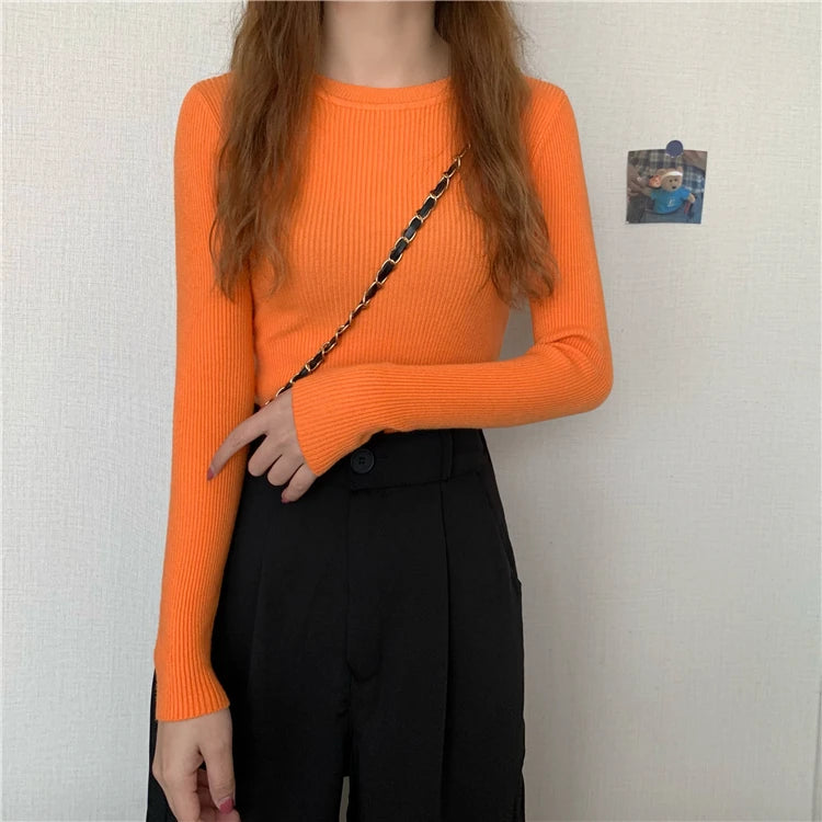 2025 New Women Sweater Autumn Winter Long Sleeve Pullover Basic Top Fashion O-neck Elastic Female Winter Solid Knitted Jumper