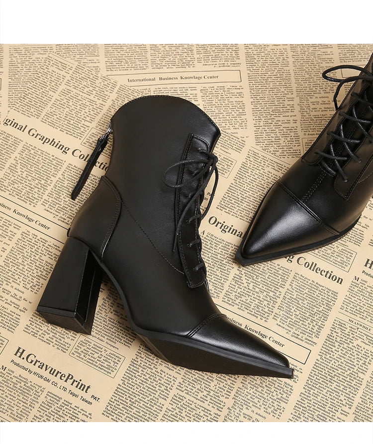 Retro Pointed Toe ort Boots Women's Spring Autumn New Coarse Heel Boots Small Size Genuine Leather High Heel  Boots