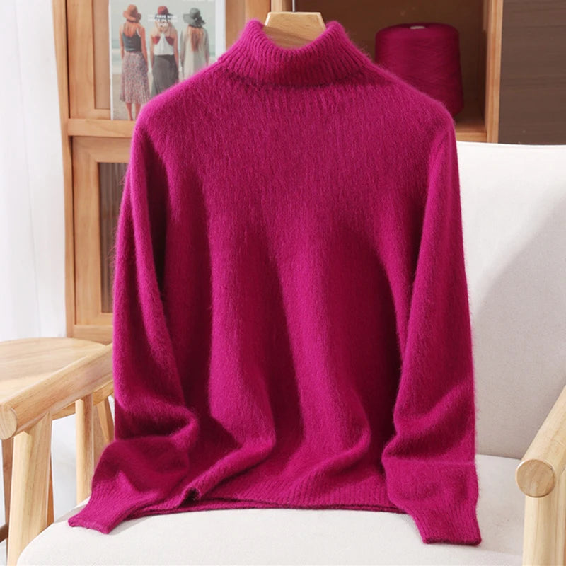 Autumn And Winter New 100% Mink Cashmere Sweater Ladies' High Lapel Solid Color Padded Pullover Wool Knitted Bottoming Shirt