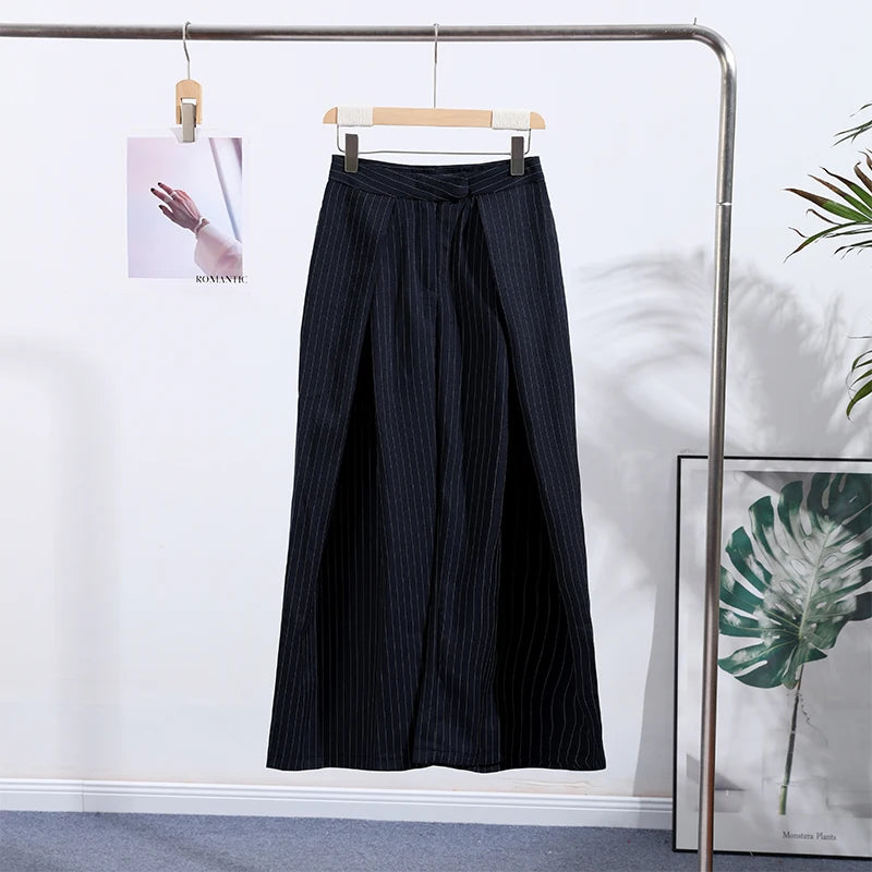Casual Striped Loose Pants Women High Waist Pleated Straight Long Wide Leg Trousers Female 2025 Fashion Autumn Lady Bottoms