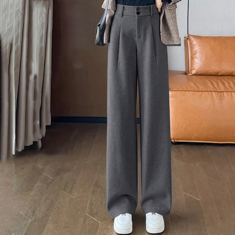 Autumn Winter Female Classic Daily Woolen Pants Girls Narrow Straight Leg Trousers Lady Solid Thicken High Waisted Pants
