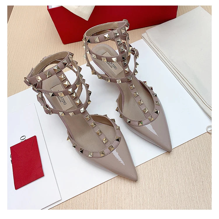 Three straps Rivet Heeled sandals luxury Women's Gladiator sandals summer Brand Slingbacks High Heels designer party Ladies Shoe