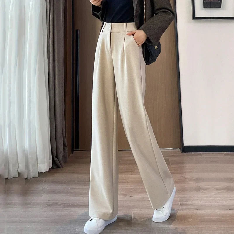 Autumn Winter Female Classic Daily Woolen Pants Girls Narrow Straight Leg Trousers Lady Solid Thicken High Waisted Pants