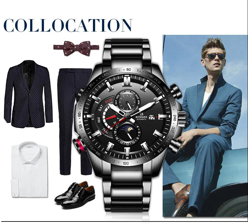 Genuine Luxury Switzerland BINGER Brand Mens Watches Automatic Mechanical Luminous Waterproof Running Calendar Male Moon Phase