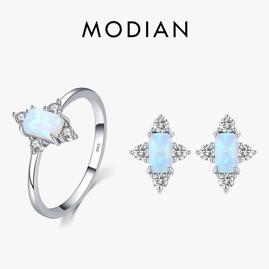 MODIAN Authentic 925 Sterling Silver Geometric Rectangle Natural Opal Jewelry Sets Rings Earrings For Women Wedding Jewelry