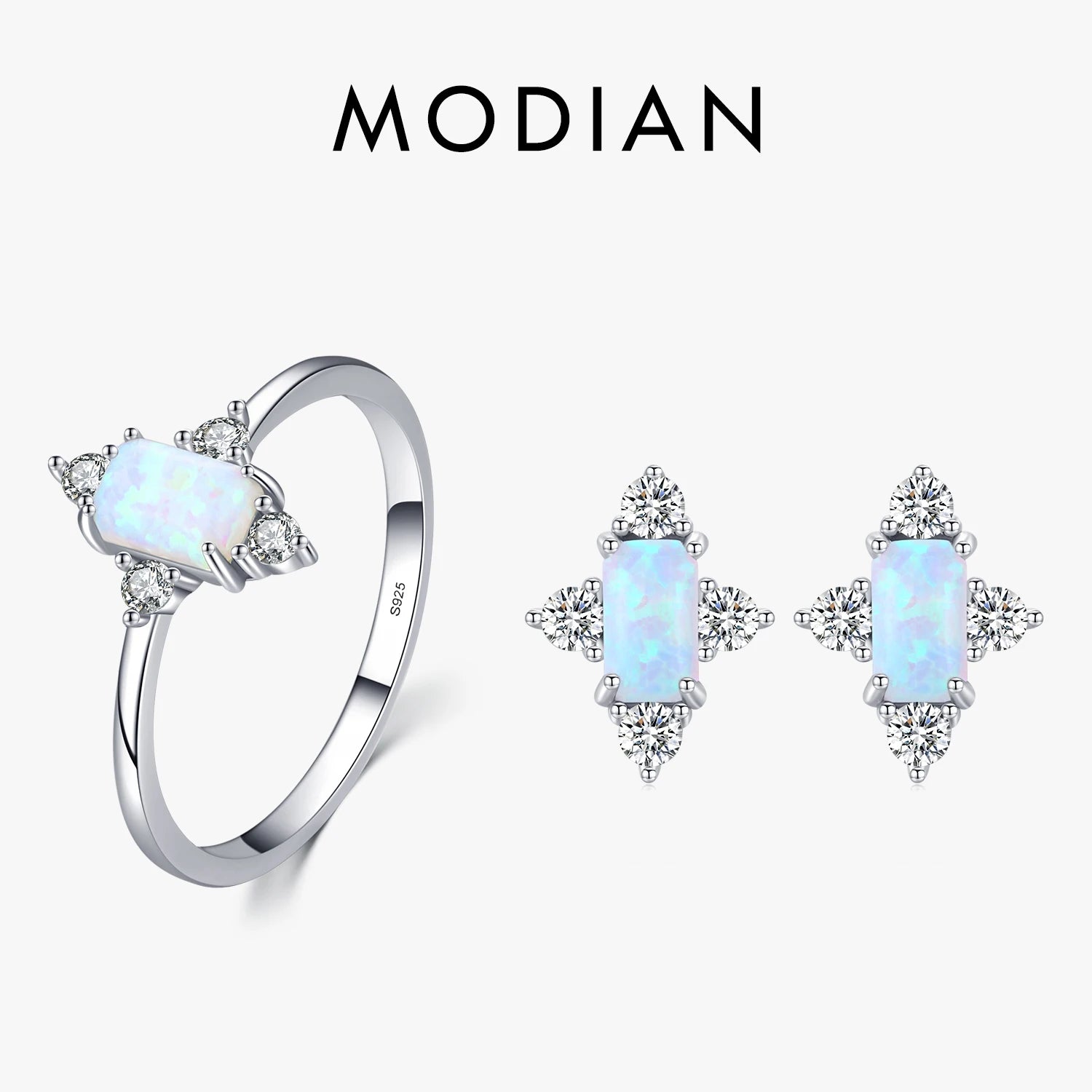 MODIAN Authentic 925 Sterling Silver Geometric Rectangle Natural Opal Jewelry Sets Rings Earrings For Women Wedding Jewelry