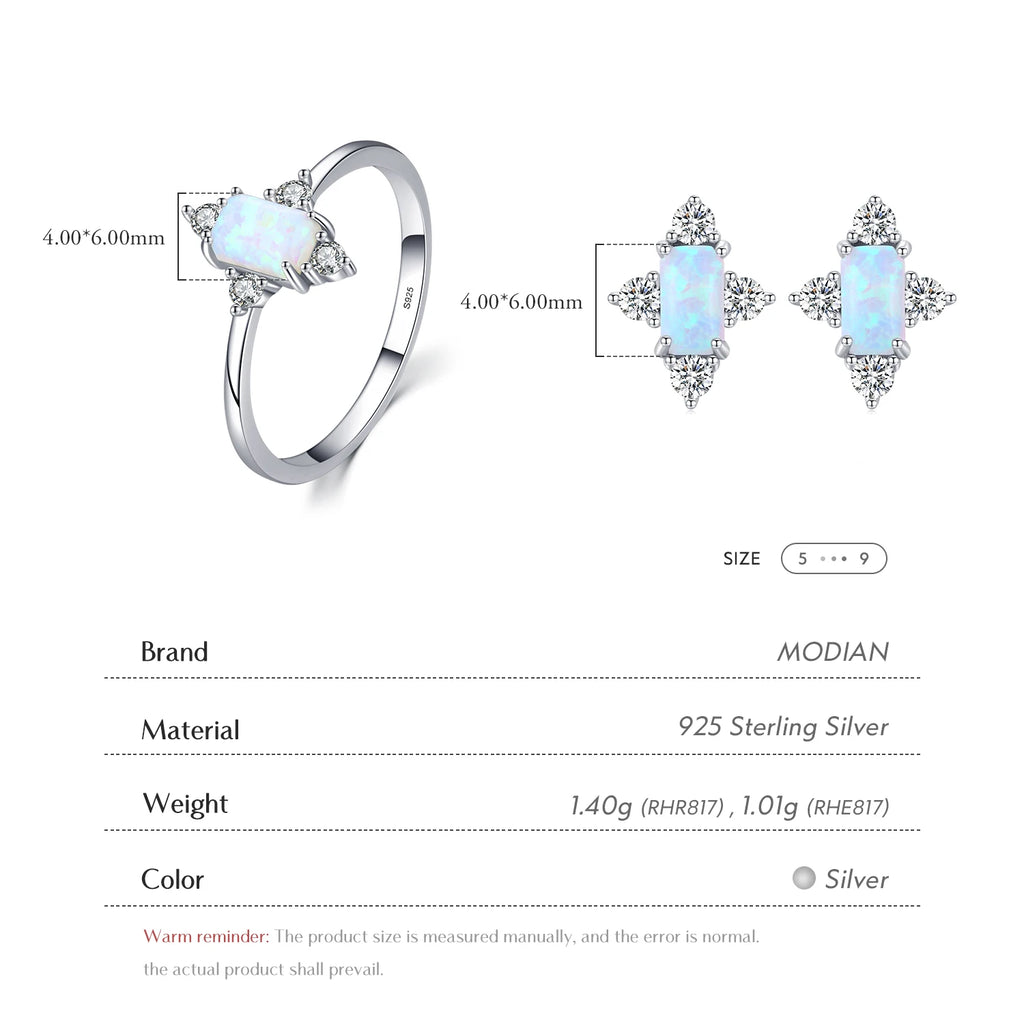 MODIAN Authentic 925 Sterling Silver Geometric Rectangle Natural Opal Jewelry Sets Rings Earrings For Women Wedding Jewelry