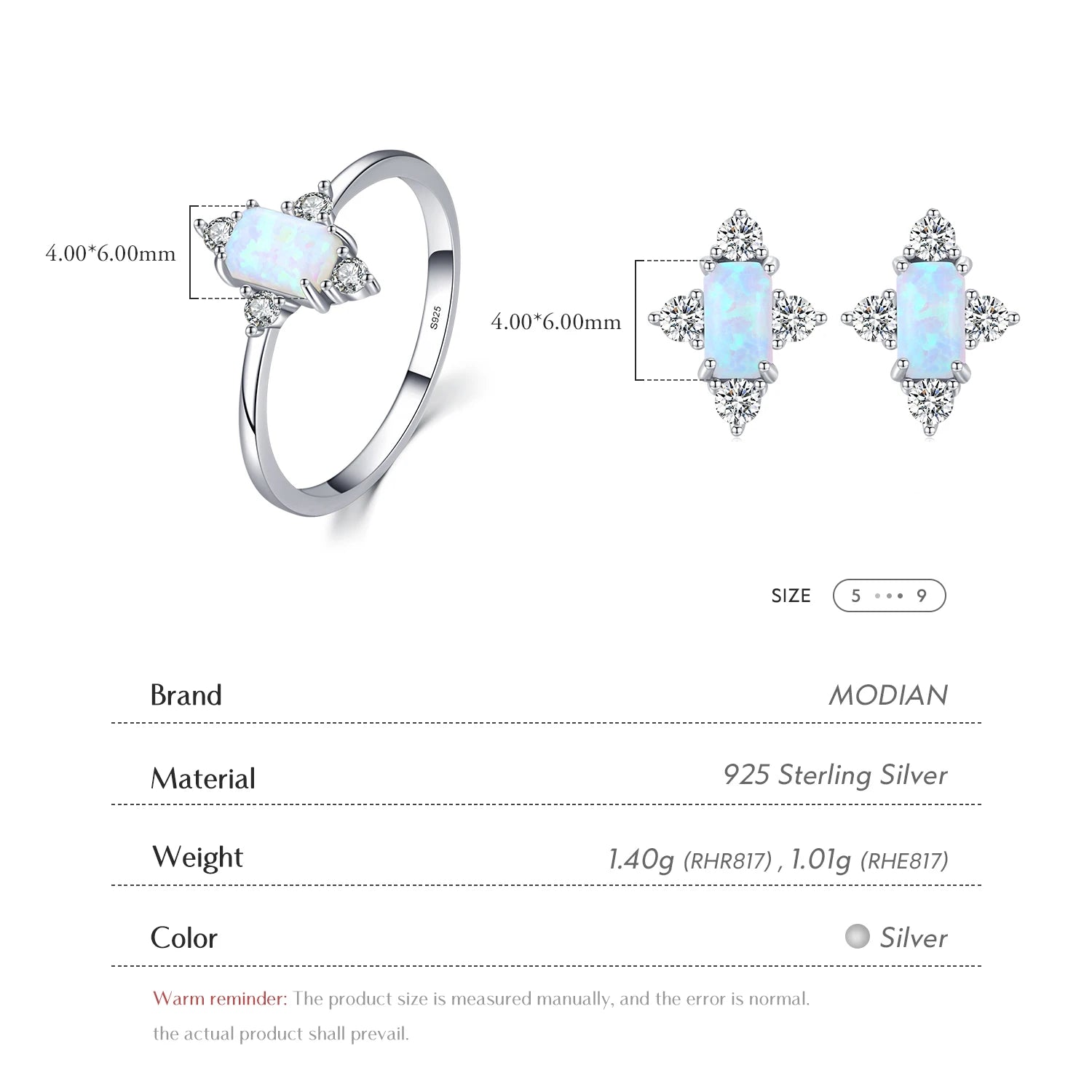 MODIAN Authentic 925 Sterling Silver Geometric Rectangle Natural Opal Jewelry Sets Rings Earrings For Women Wedding Jewelry