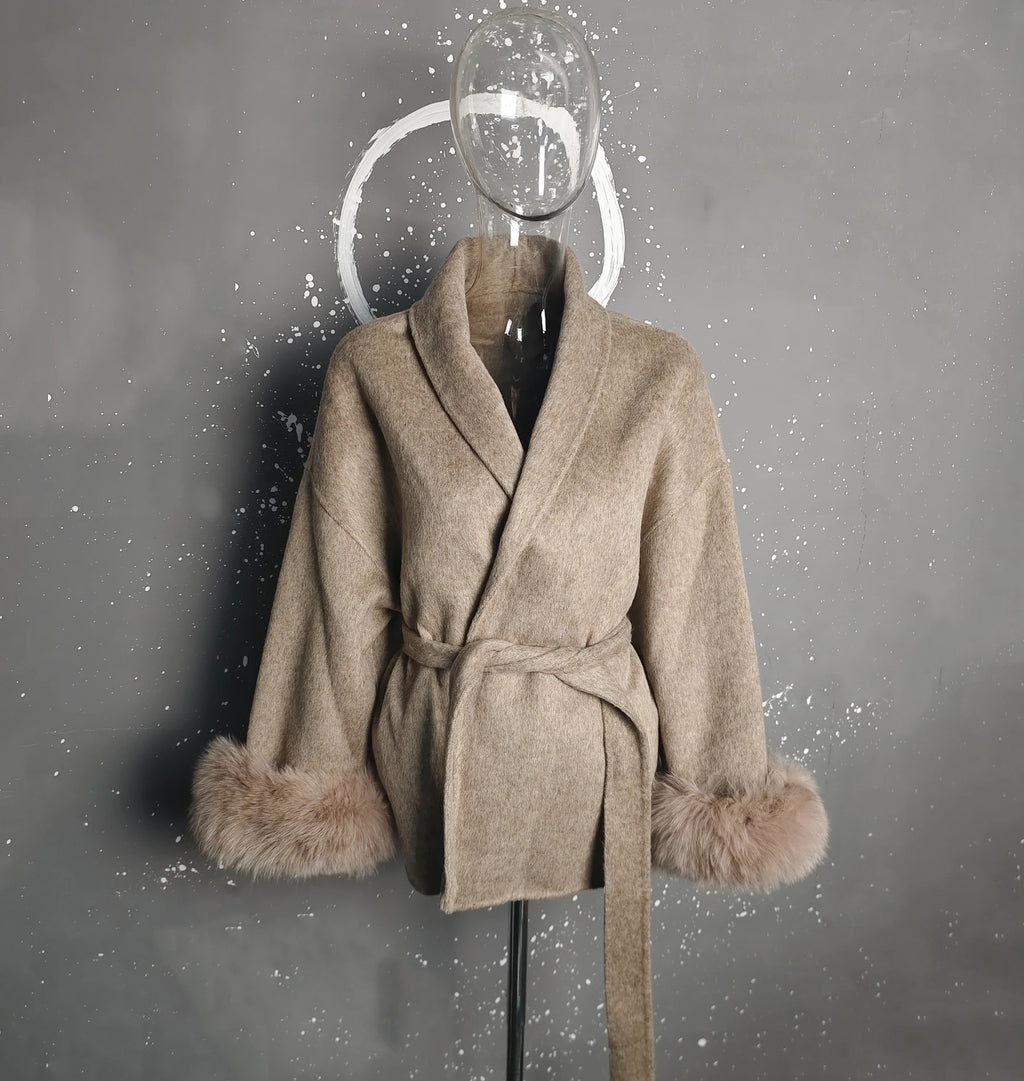 UCXQ Elegant OL Office Lady Overcoats Fur Patchwork Long Sleeve Woolen Coat Beautiful Women's Clothing Jacket Autumn 2025 Winter