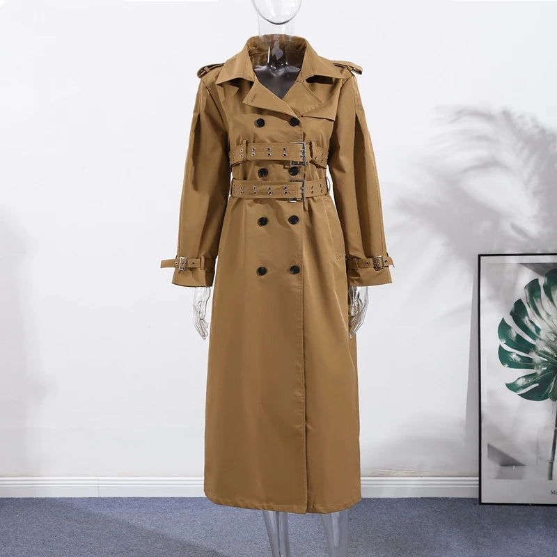 Elegant Double Belt Women Windbreaker Casual Khaki Long Sleeve Lapel Button Female Jacket 2025 Autumn Winter Lady Streetwear New