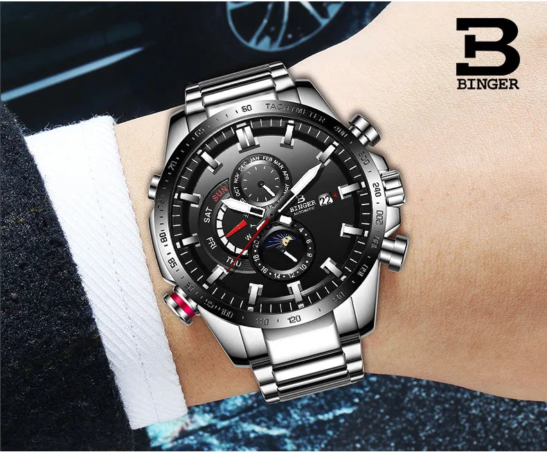 Genuine Luxury Switzerland BINGER Brand Mens Watches Automatic Mechanical Luminous Waterproof Running Calendar Male Moon Phase