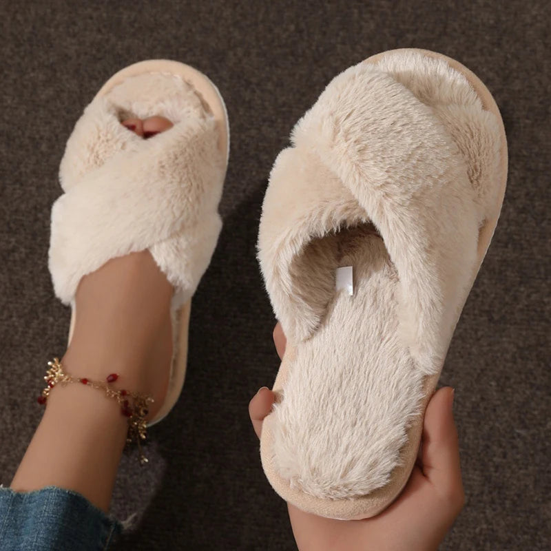 Cross Warm Fluffy Furry Slippers Women Lightweight Flat Heels Fur Slides Woman Autumn Winter Open Toe Non Slip Home Floor Shoes