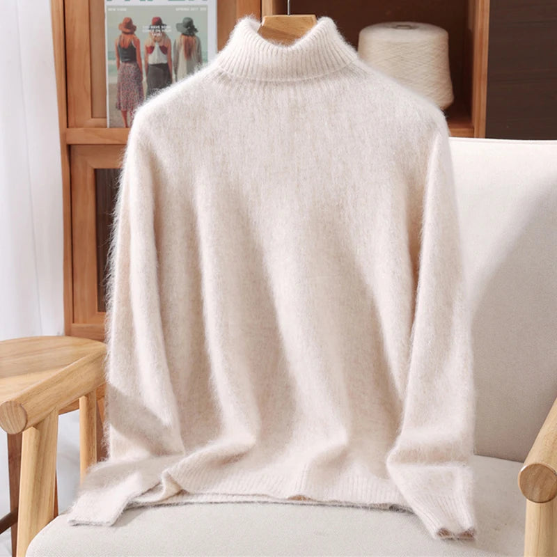 Autumn And Winter New 100% Mink Cashmere Sweater Ladies' High Lapel Solid Color Padded Pullover Wool Knitted Bottoming Shirt