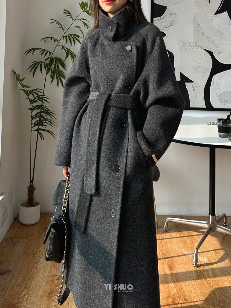 Korean Fashion Dark Gray Stand Collar 100%Wool Coat Women Long Winter Jacket