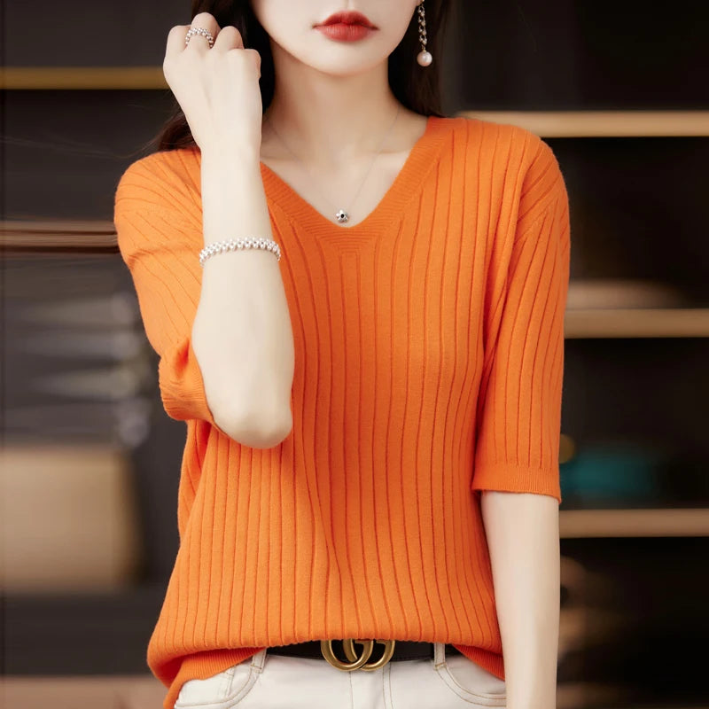 Women's Sweater Spring Summer Short Sleeve V-neck Knit Shirt Casual Korean Pullovers Stripe Bottoming Shirt Slim Fit Jumpers