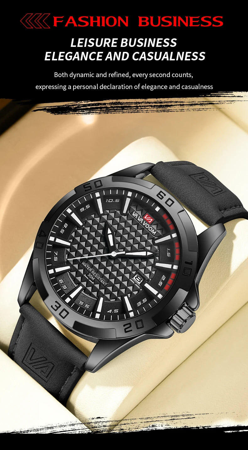 VA VA VOOM Men Casual Sport Military Quartz Calendar Wrist Watch for Man Business Leather Waterproof Male Clock Relogio Masculin