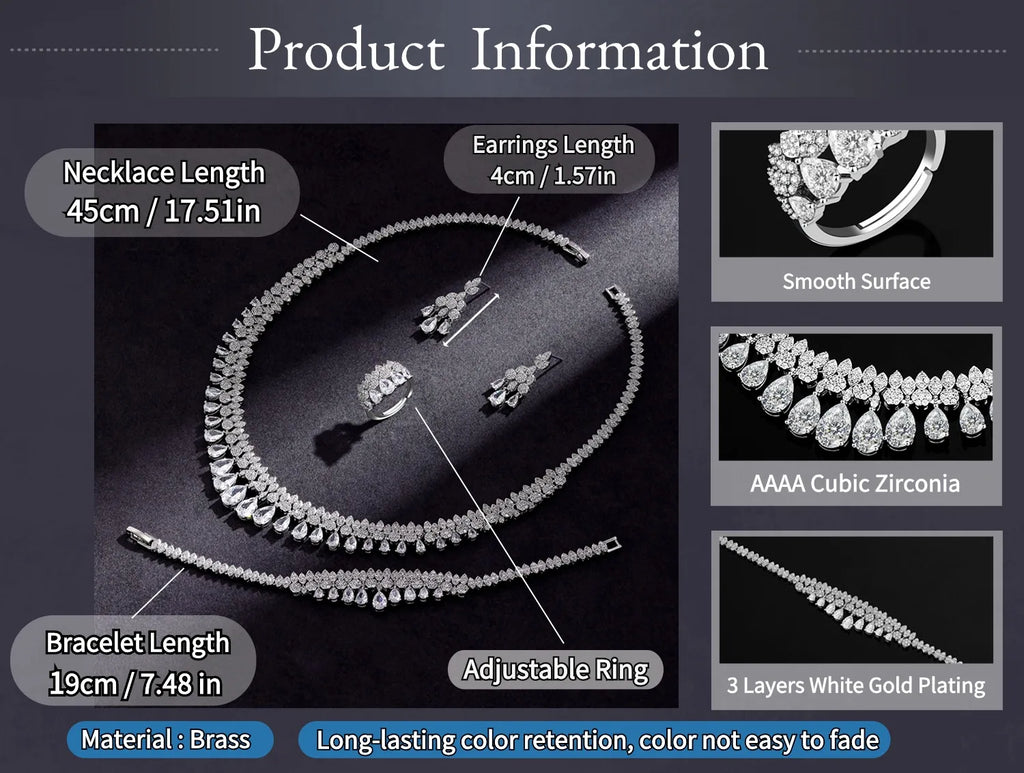 Luxury White Cubic Zirconia Bridal Jewelry Set Brides Accessories Tassel Water Drop Necklace Earring 4pcs Set for Wedding Party