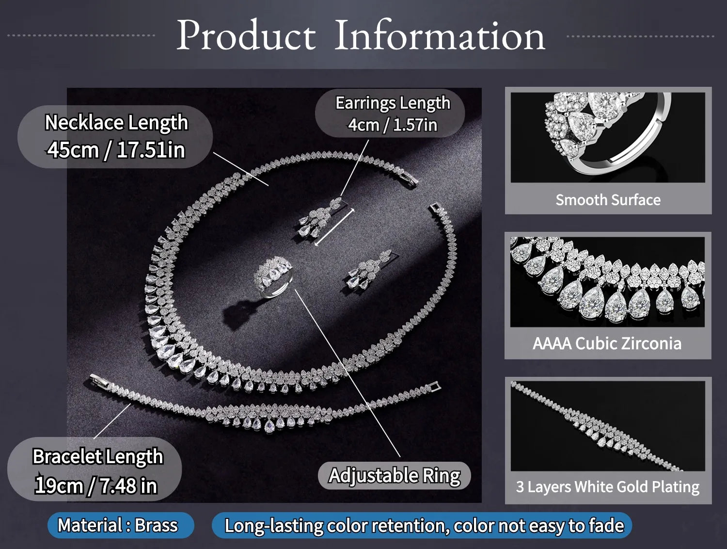 Luxury White Cubic Zirconia Bridal Jewelry Set Brides Accessories Tassel Water Drop Necklace Earring 4pcs Set for Wedding Party