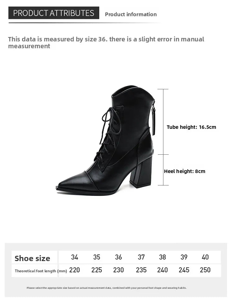 Retro Pointed Toe ort Boots Women's Spring Autumn New Coarse Heel Boots Small Size Genuine Leather High Heel  Boots