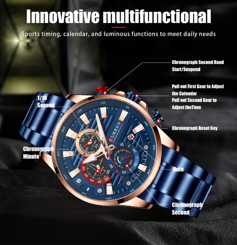 CURREN Sports Casual Quartz Wristwatches with Chronograph Fashion Stainless Steel Men's Watch Auto Date Clock Male with box