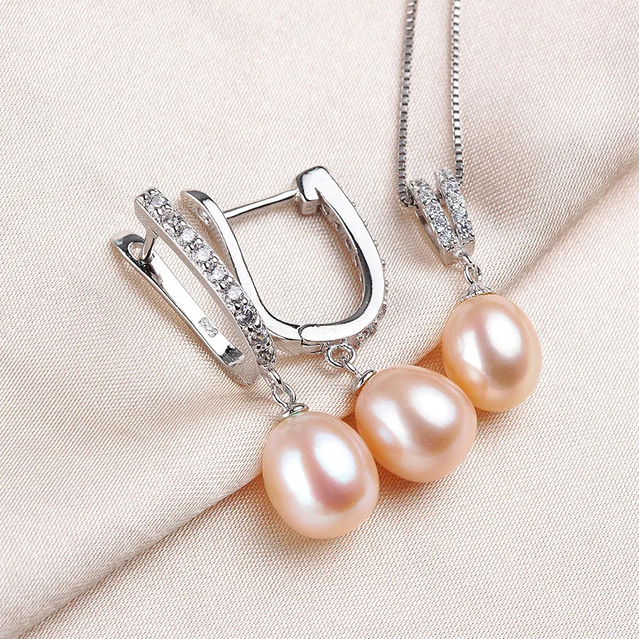 YWYC Horseshoe 8-9mm Rice Freshwater Pearl Earrings&Necklaces Jewelry Set for Women 925 Sterling Silver 45cm Pendant Necklace