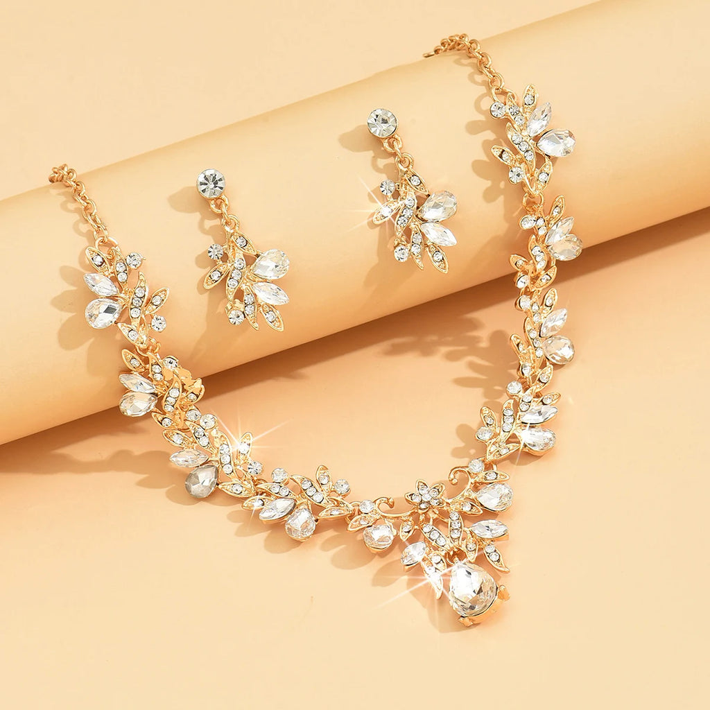 3PC Wedding Season Women's Fashion Trend Sparkling Leaf Water Drop Necklace Earrings Jewelry Set Banquet Party Holiday Gift