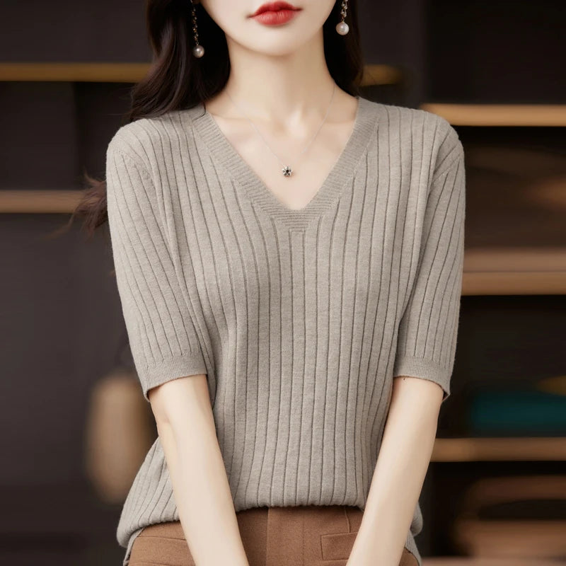 Women's Sweater Spring Summer Short Sleeve V-neck Knit Shirt Casual Korean Pullovers Stripe Bottoming Shirt Slim Fit Jumpers
