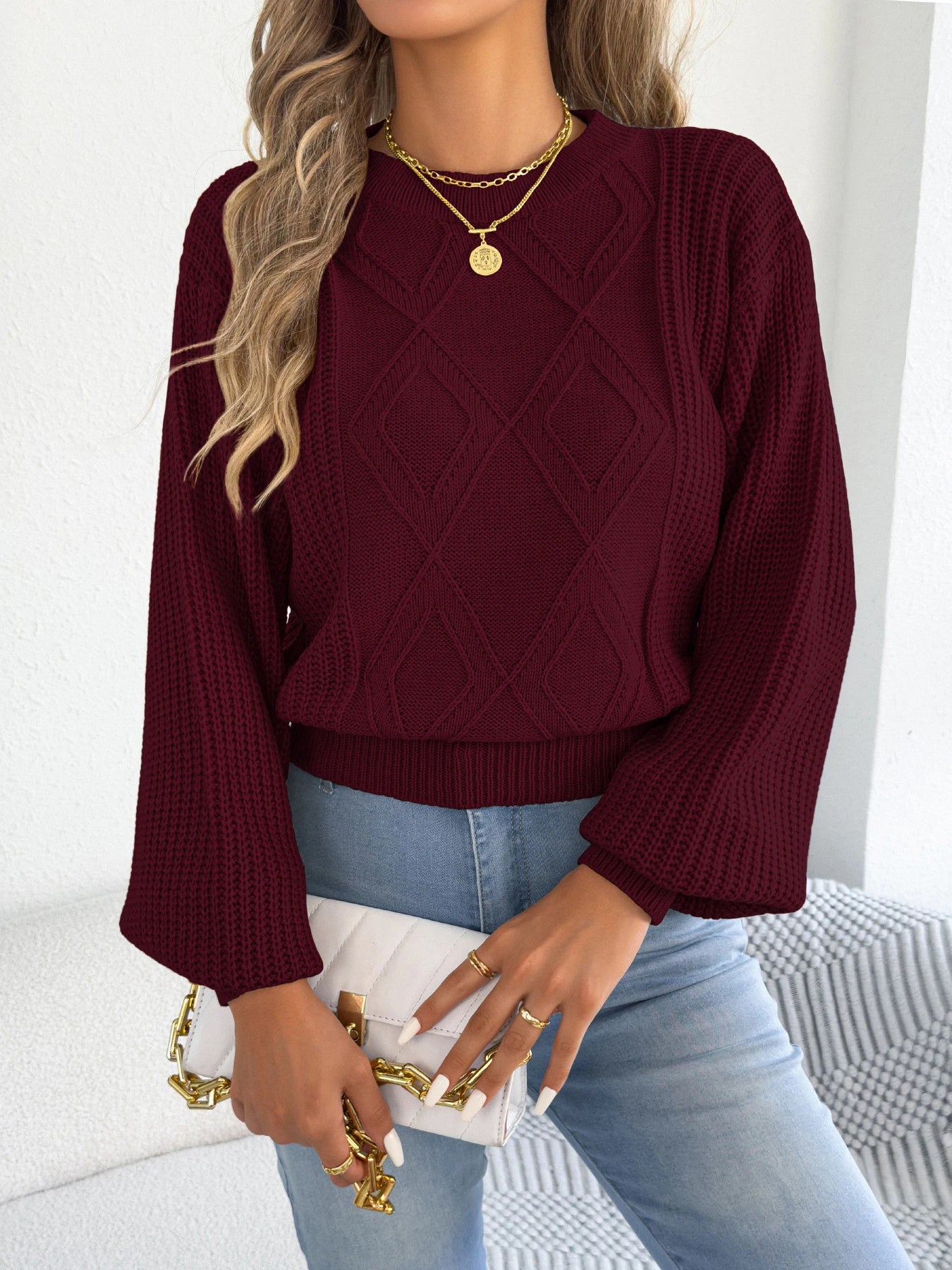 Women's Solid Color Round Neck Lantern Long Sleeve Knitted Sweaters for 2025 Autumn Winter Clothes Yellow Red Khaki