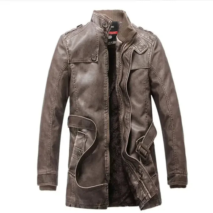 Men's Thick Fleece Winter Leather Jacket Coat Long Outwear Fashion Warm Casual Vintage Clothing for Men Steampunk Biker Jaqueta