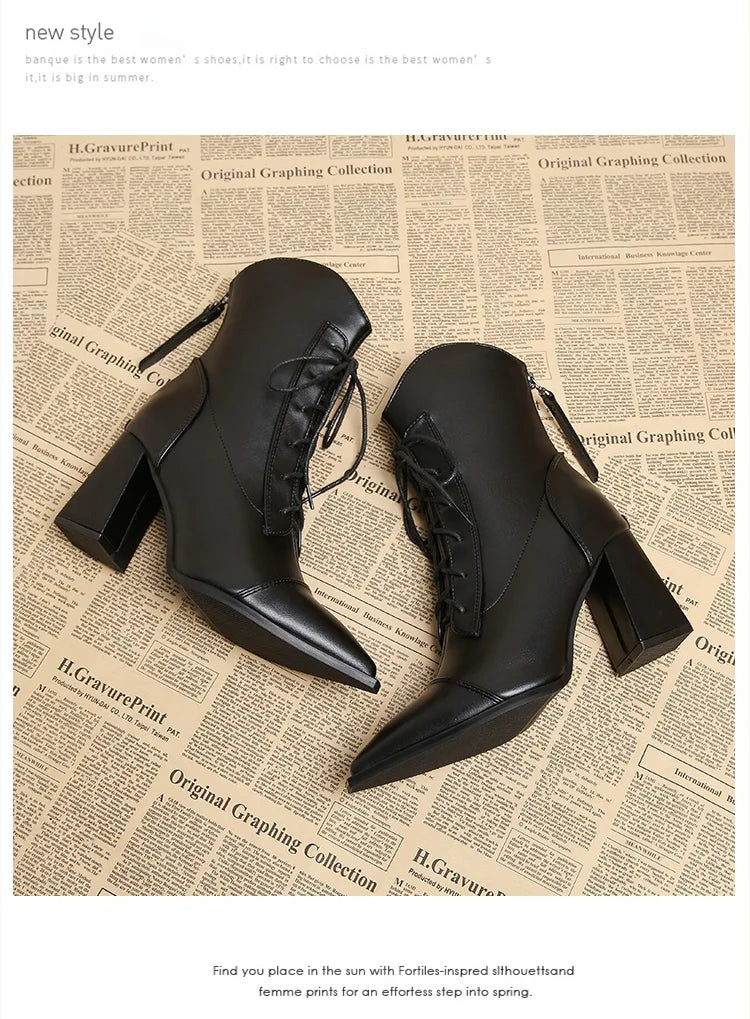 Retro Pointed Toe ort Boots Women's Spring Autumn New Coarse Heel Boots Small Size Genuine Leather High Heel  Boots