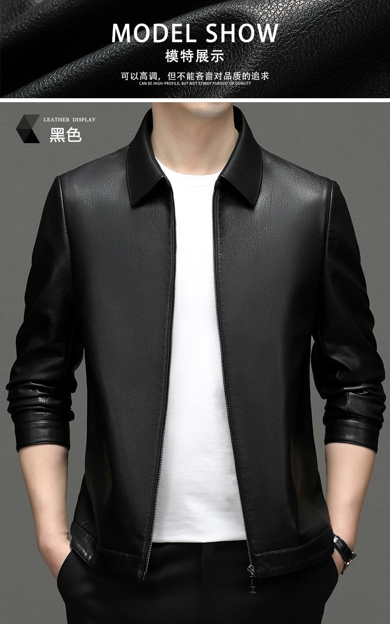 YN-2335 Spring and Autumn Men's Genuine Leather Polo Mock Neck Jacket Fashion Slim Sheepskin Coat Black Grey Husband Gift Youth