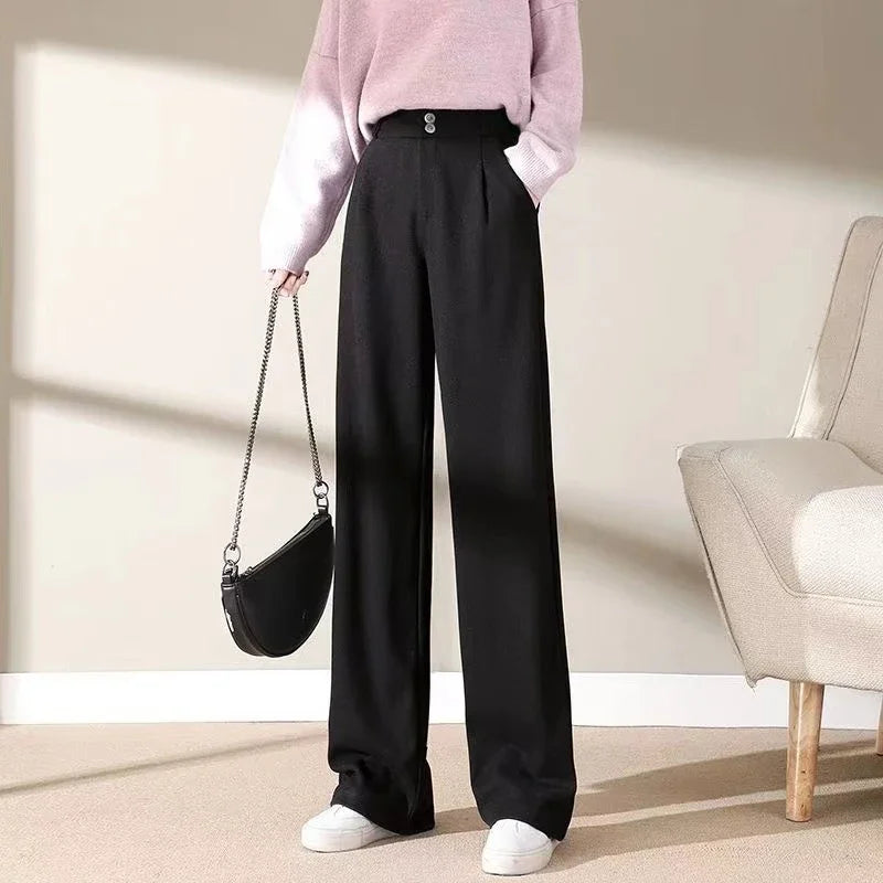 Autumn Winter Female Classic Daily Woolen Pants Girls Narrow Straight Leg Trousers Lady Solid Thicken High Waisted Pants