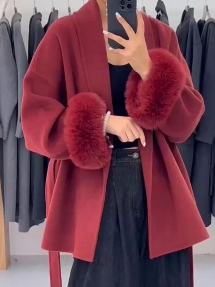 Elegant Fur Patchwork Woolen Coat Women Chic Full Sleeve V-neck Lace Up Loose Long Overcoat 2025 Lady Winter Commute Outwear
