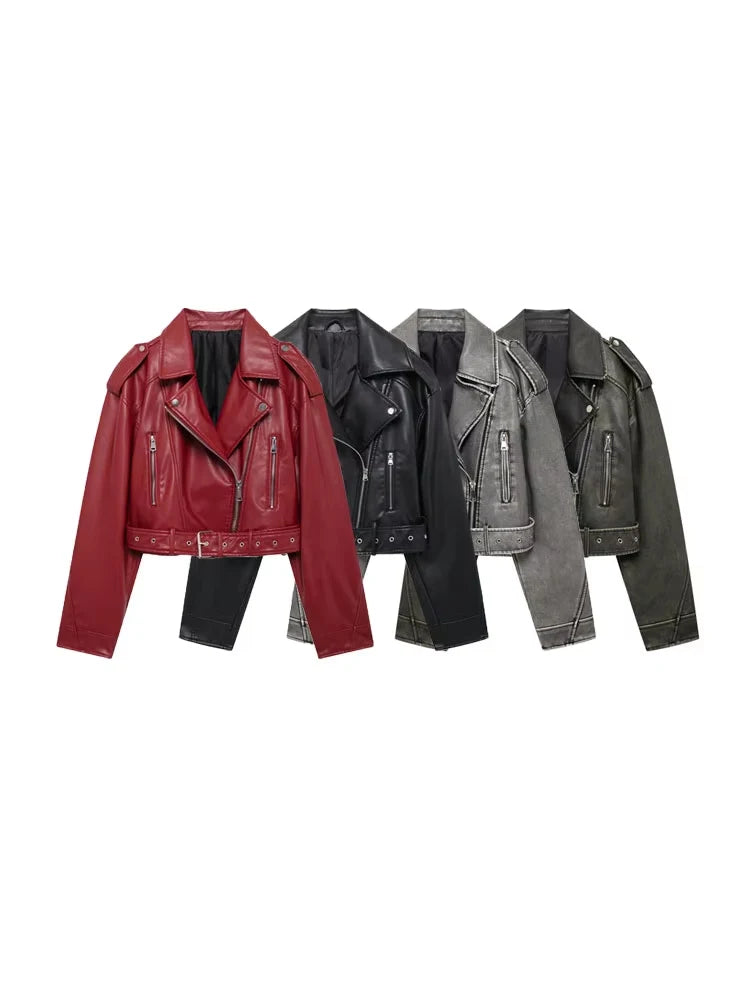 Faux Leather Moto & Biker Jacket for Women, Long Sleeve Coat, Front Zipper, Female Outerwear, Chic Tops, Fashion