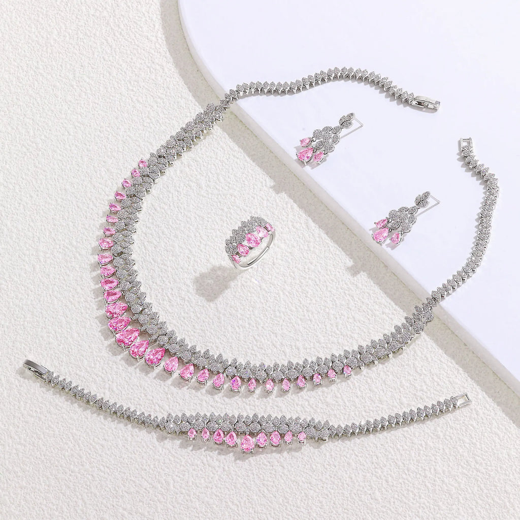 Luxury White Cubic Zirconia Bridal Jewelry Set Brides Accessories Tassel Water Drop Necklace Earring 4pcs Set for Wedding Party