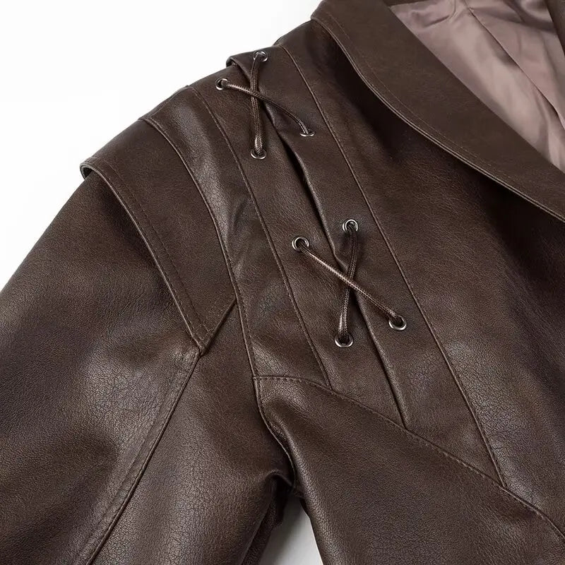 Mauroicardi Spring Autumn Short Retro Brown Pu Leather Jacket Women Sashes Lace Up Luxury Designer Emo Clothes European Fashion