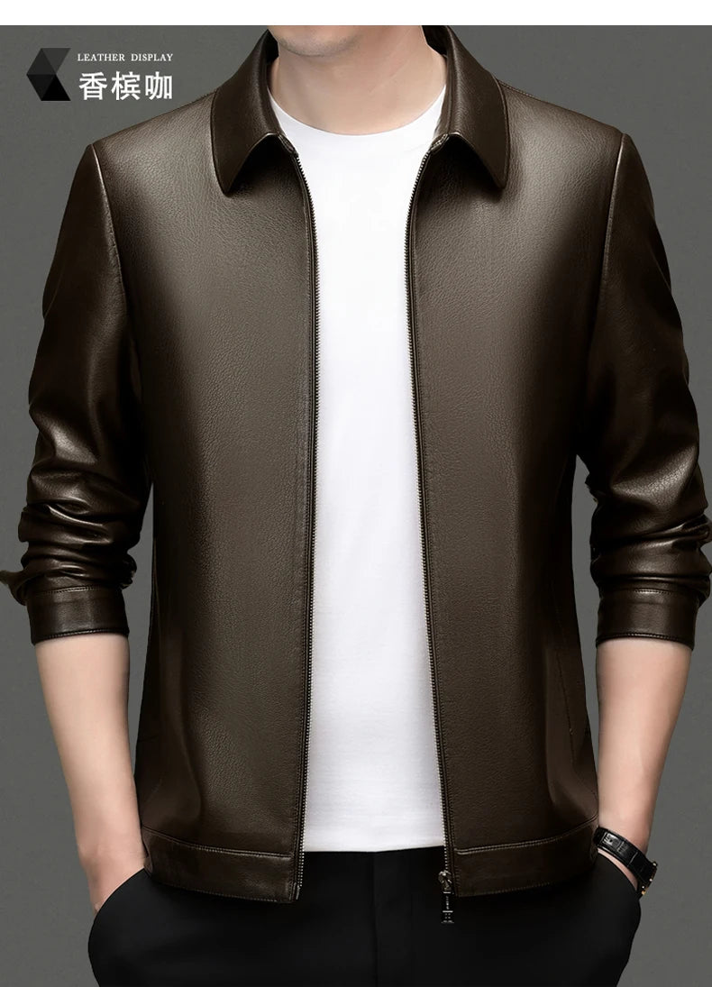 YN-2335 Spring and Autumn Men's Genuine Leather Polo Mock Neck Jacket Fashion Slim Sheepskin Coat Black Grey Husband Gift Youth