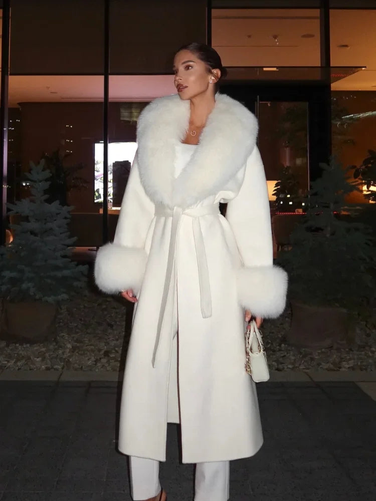 Elegant Fur Patchwork Woolen Coat Women Chic Full Sleeve V-neck Lace Up Loose Long Overcoat 2025 Lady Winter Commute Outwear