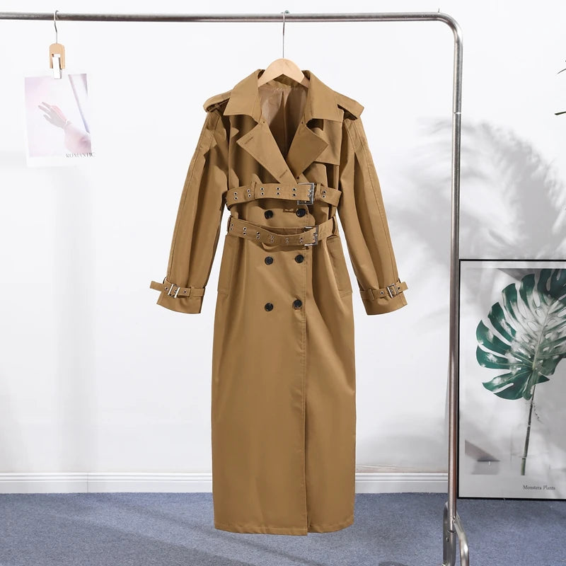 Elegant Double Belt Women Windbreaker Casual Khaki Long Sleeve Lapel Button Female Jacket 2025 Autumn Winter Lady Streetwear New